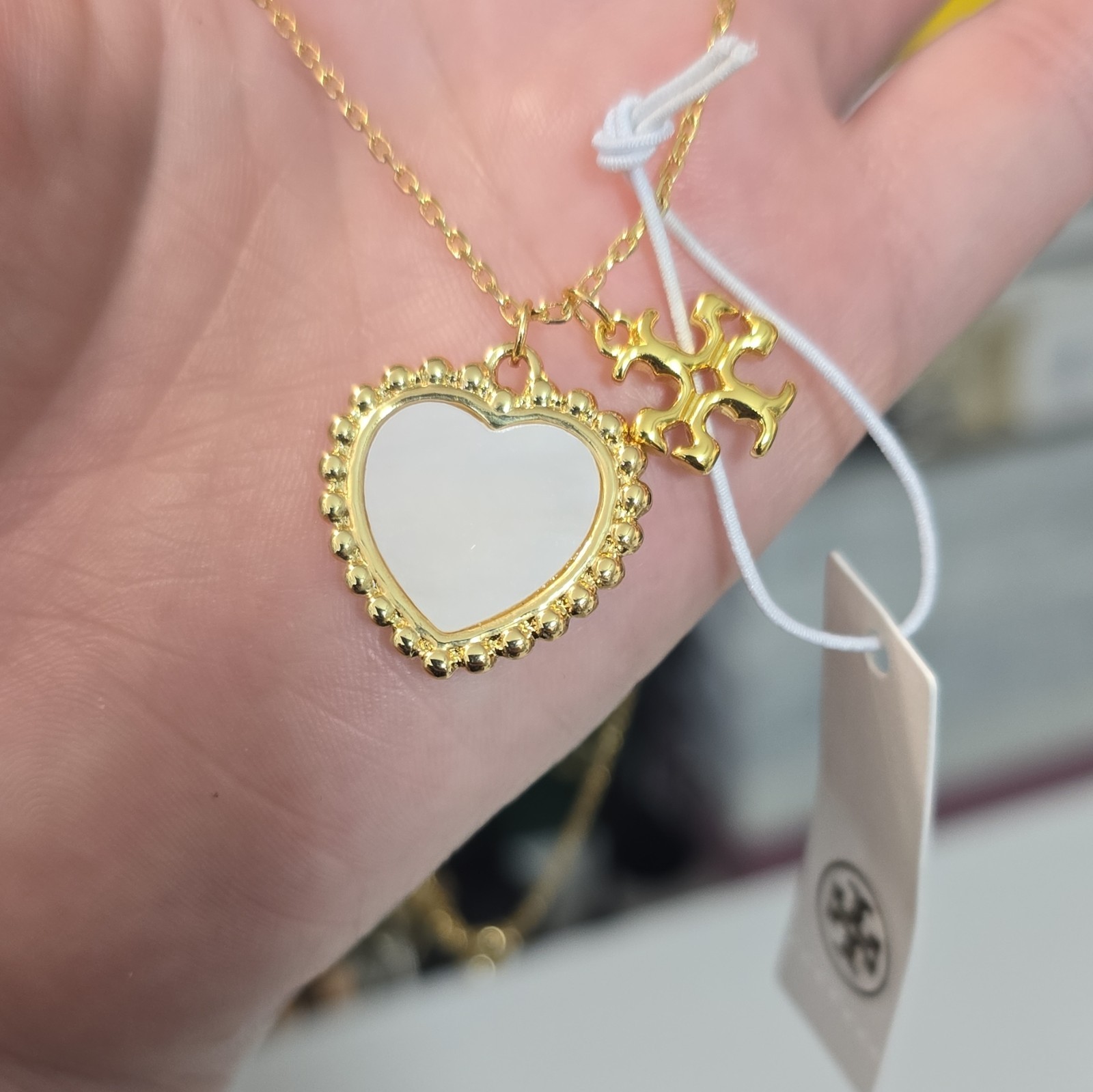 Tory Burch Gold Tone Heart Logo Charm Pendant Necklace Cable Chain Spring Ring