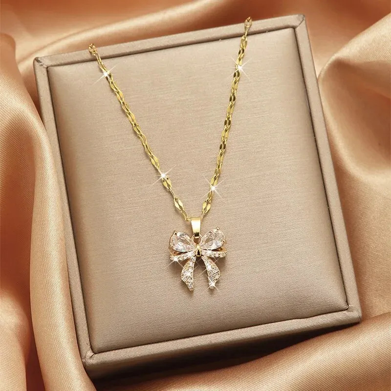 Gold Butterfly Zircon Pendant Titanium Steel Chain Simple Elegant Necklace