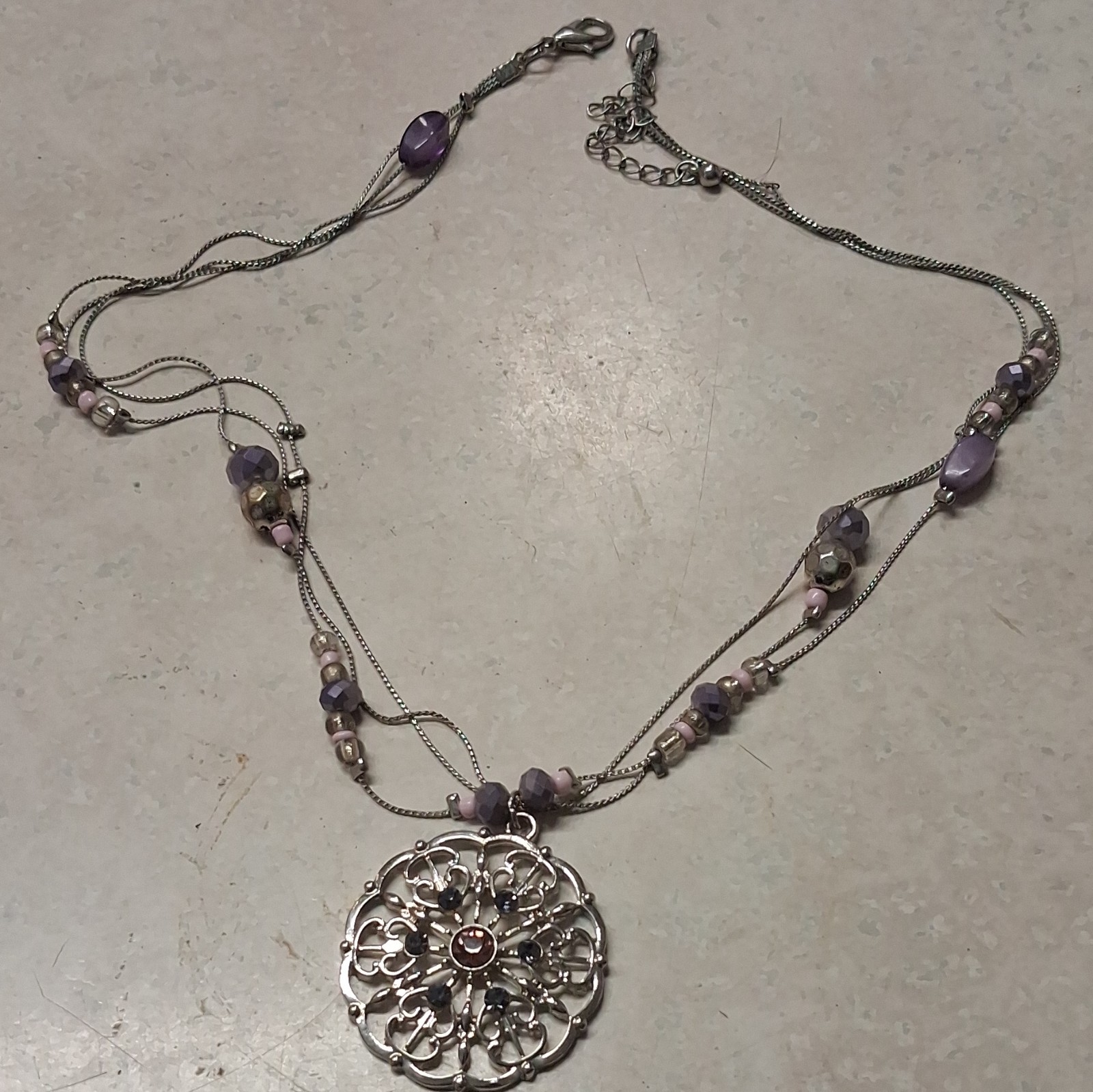 Silver Tone Filigree Round Medallion Pendant Necklace, Purple Beads, Snake