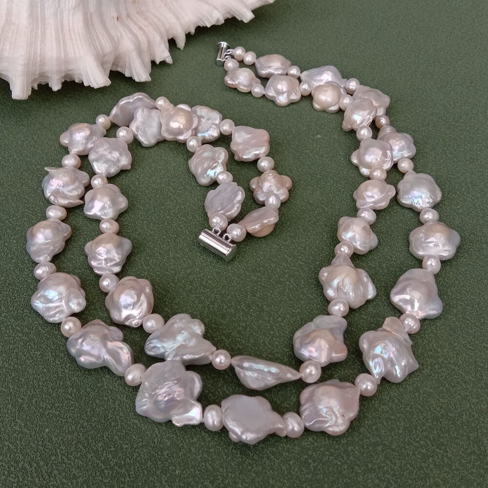 2 Strands Cultured Pearl Necklace Flower Shape Keshi Pearl Necklaces For Women