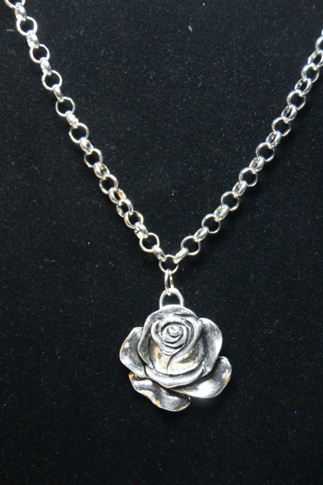Rose Charm Pendant Pewter & Stainless Steel Chain 18″ Flower Pendant necklace