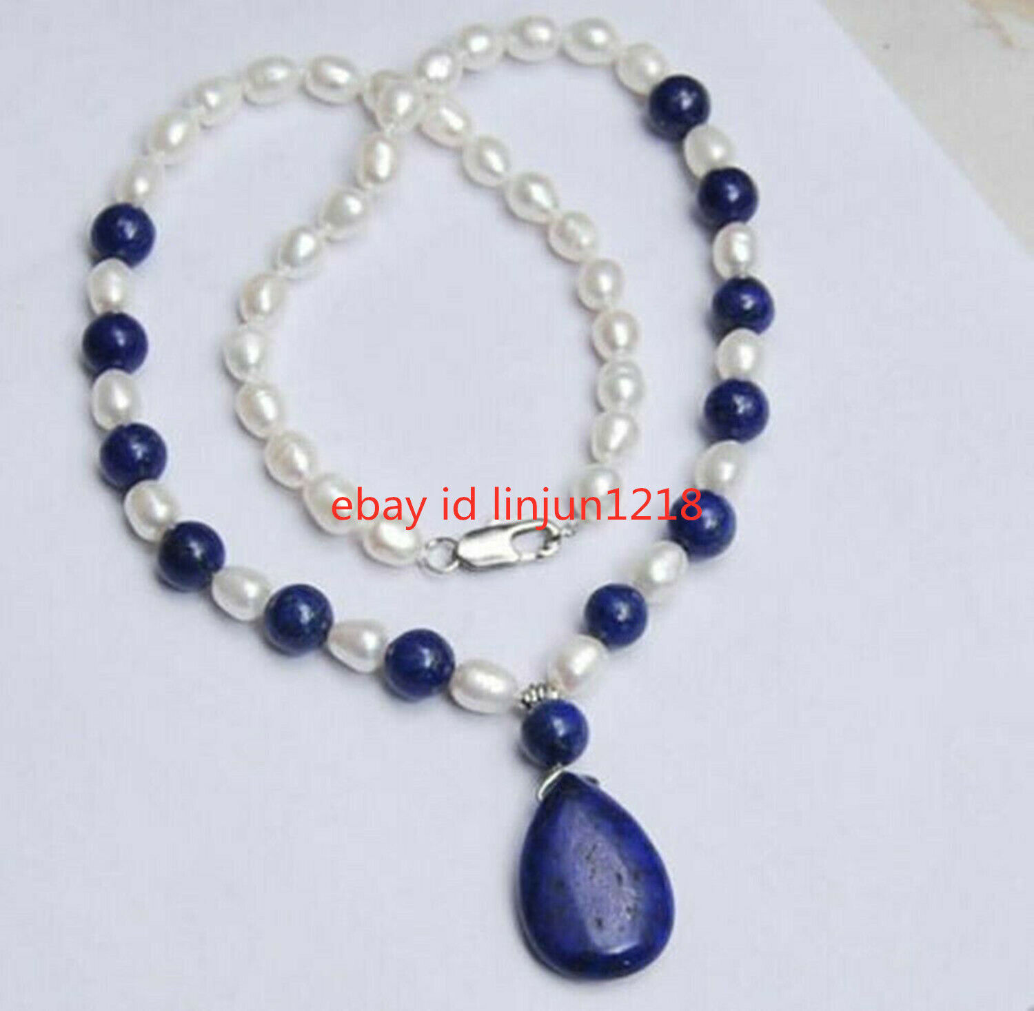 Natural 7-8MM White Akoya Pearl / 8mm Lapis Lazuli Pendant Necklace 18″