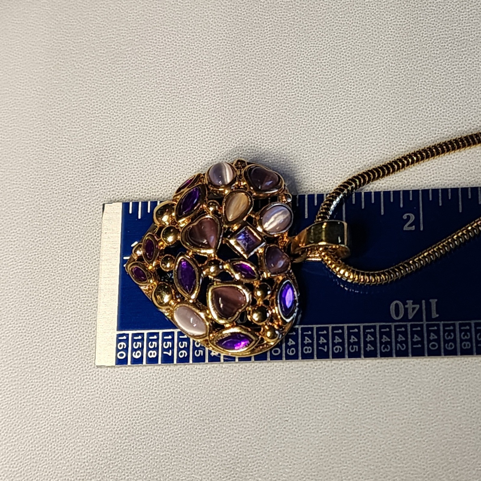 Roman Heart Pendant Necklace Gold Tone Purple Pink Cabochon Stone Snake Chain