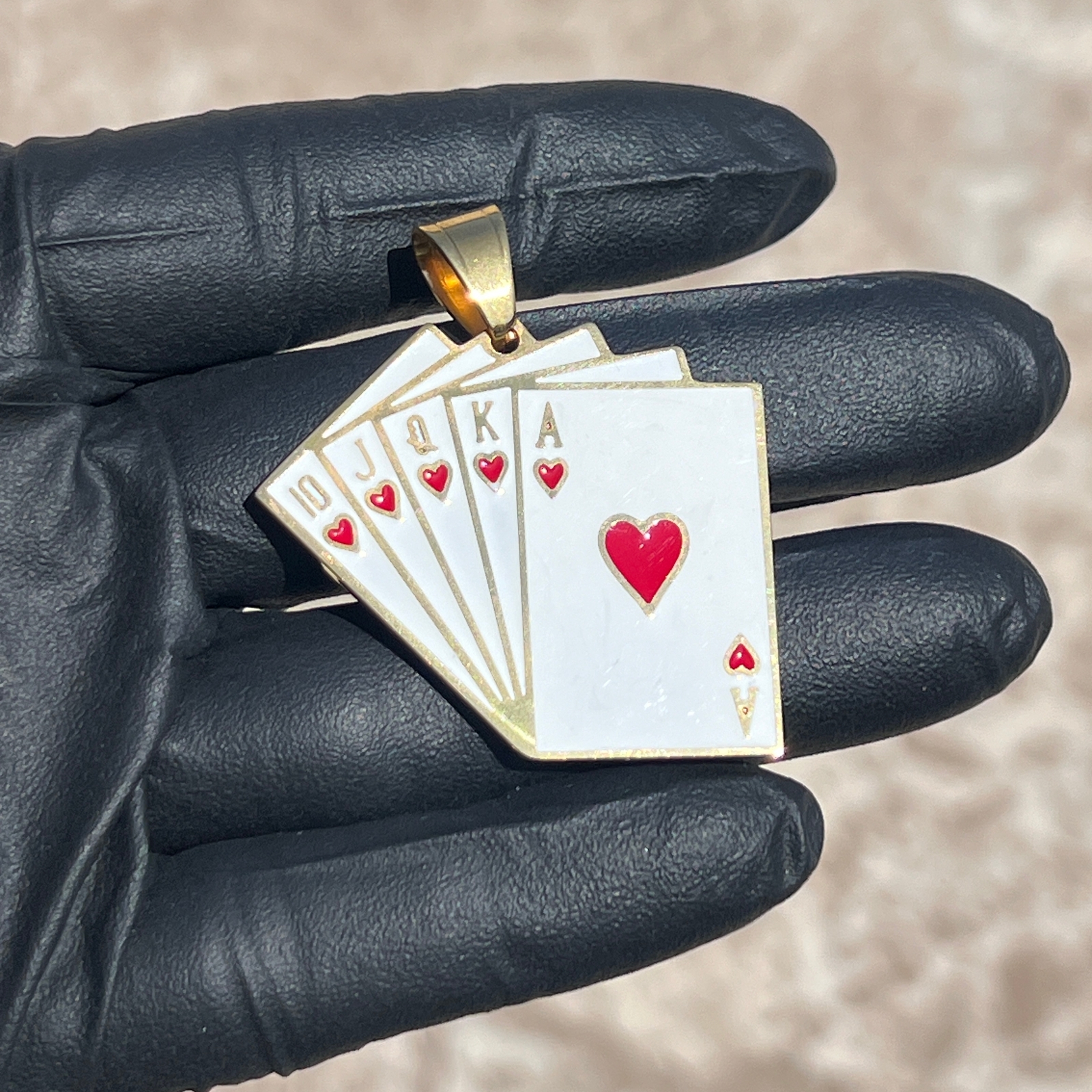 18K Gold Plated Stainless Steel Hearts Royal Flush Poker Playing Cards Pendant