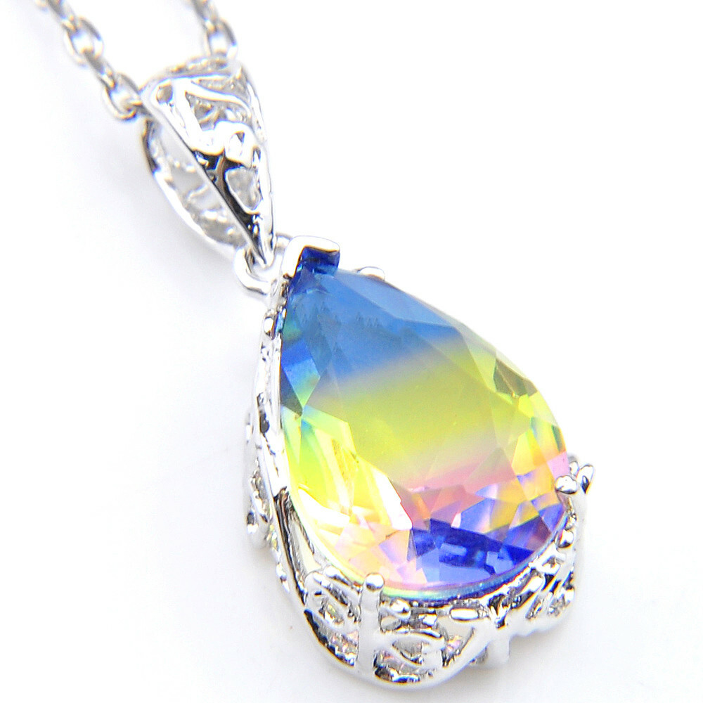 European Teardrop Rainbow Bi Color Tourmaline Gems Silver Necklace Pendants