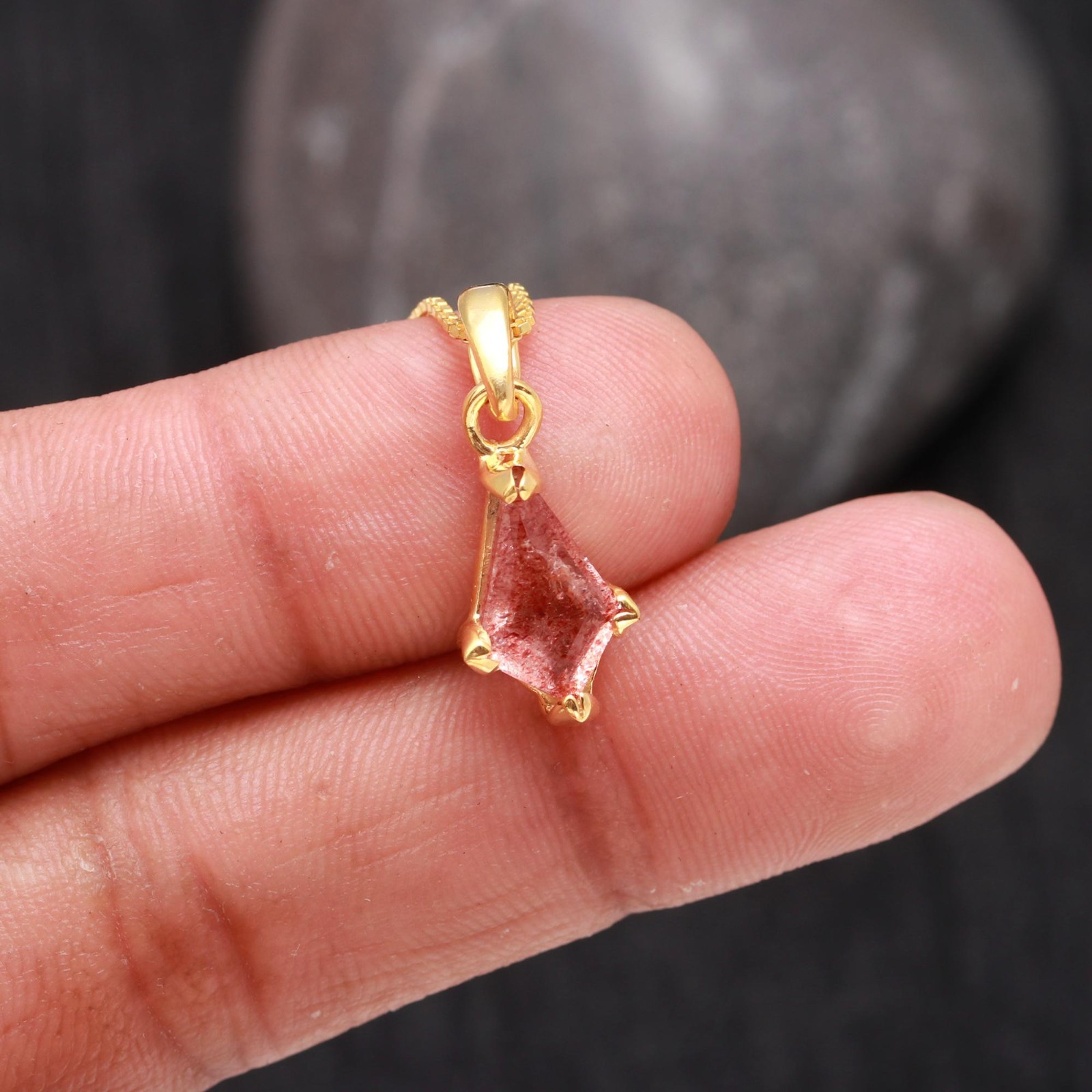 Natural Red Strawberry Kite Necklace Gold Plated Solid Silver Minimalist Jewelry