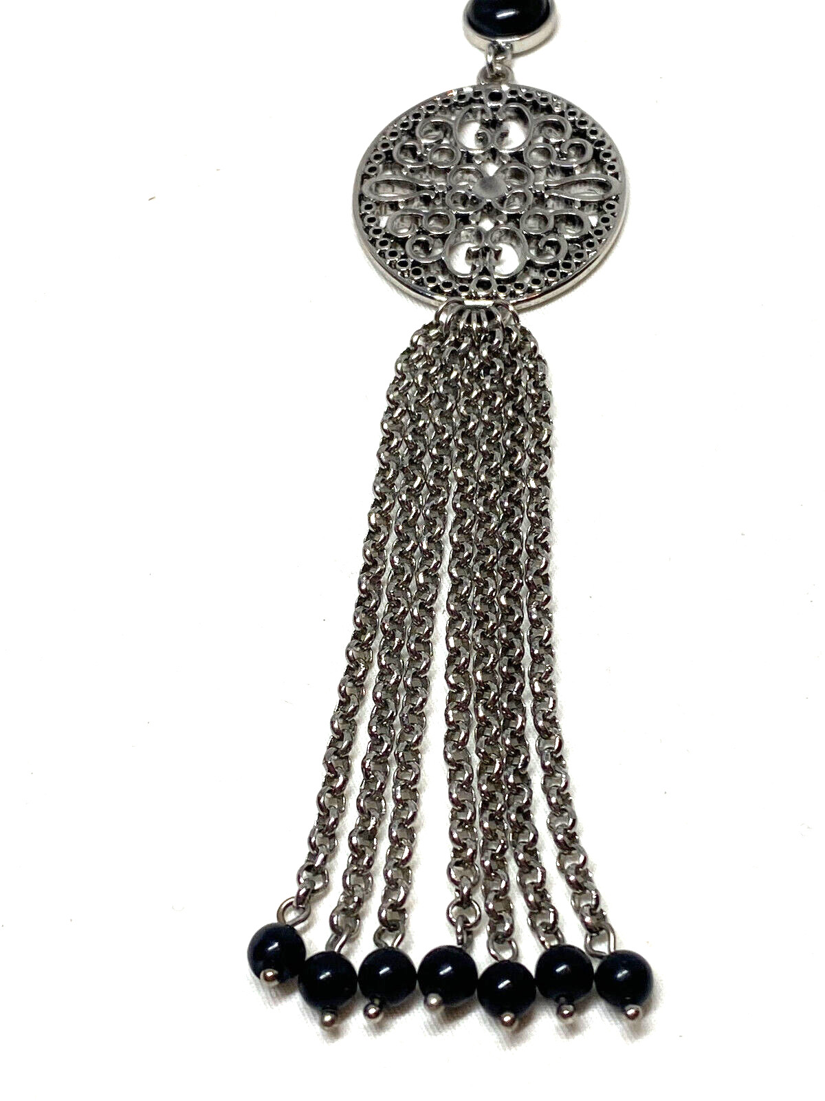 Lia Sophia Lyrical Detachable Chain Tassel Pendant Black Glass Stone Filagree 7″