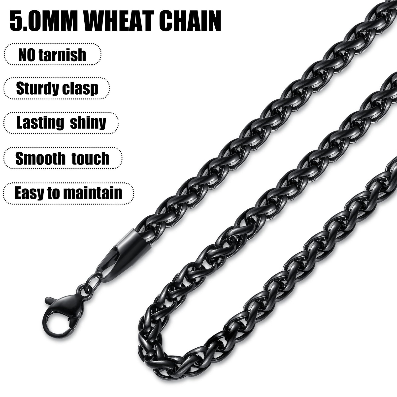 Black Wheat Chains for Men and Women, 5mm Stainless Steel Necklace Chains, Me…