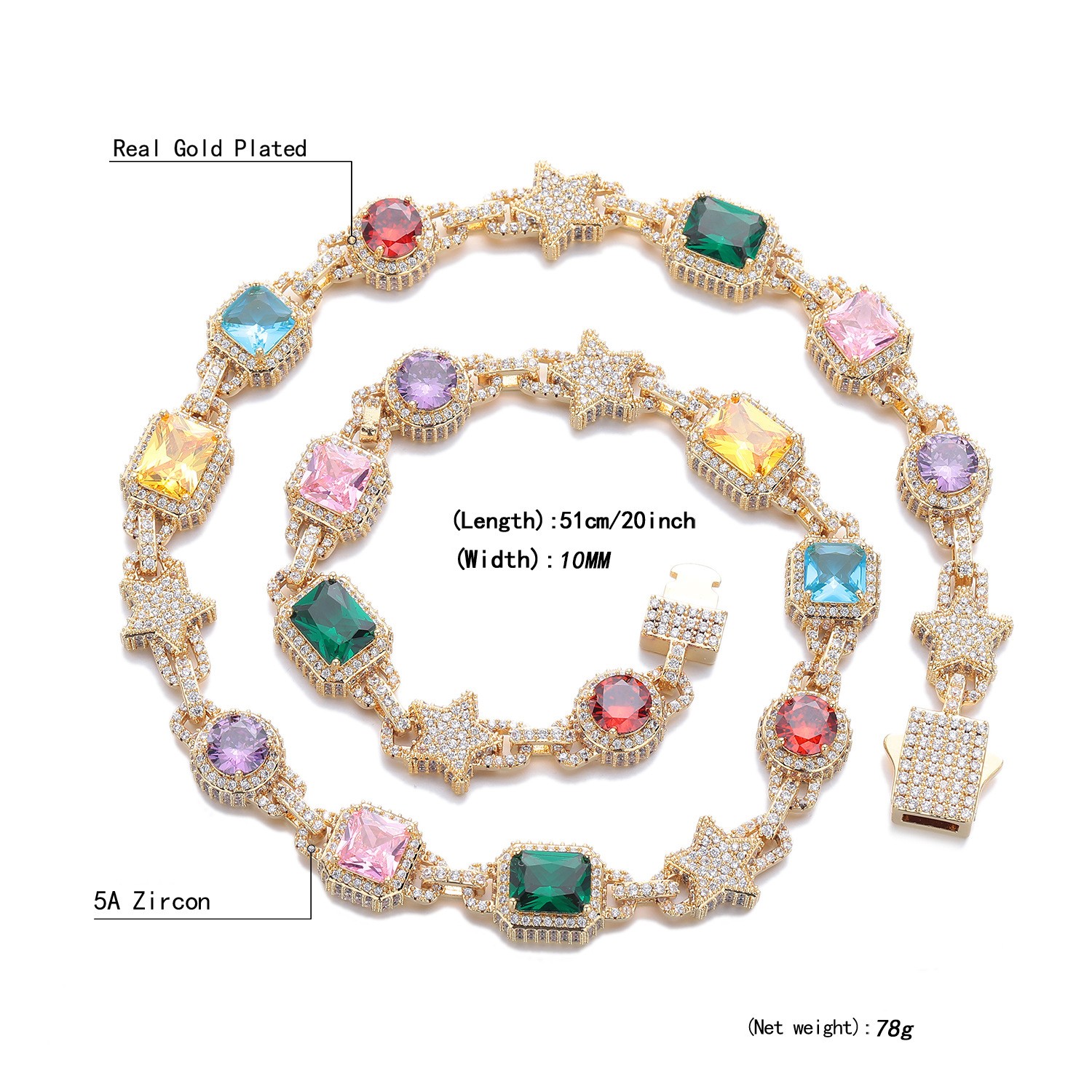 10mm Hip Hop Colored Zircon Crystal Star Chain Necklace Bracelet Choker Jewelry