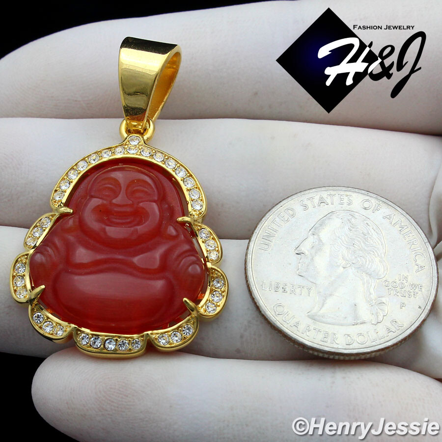 MEN WOMEN Stainless Steel Carnelian Rhinestone Gold Plated Buddha Pendant*GP124