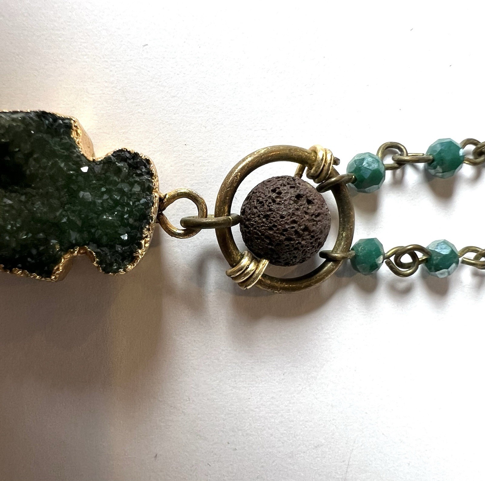 Green Druzy Arrowhead Shaped Pendant Necklace Lava Rock & Beaded Chain