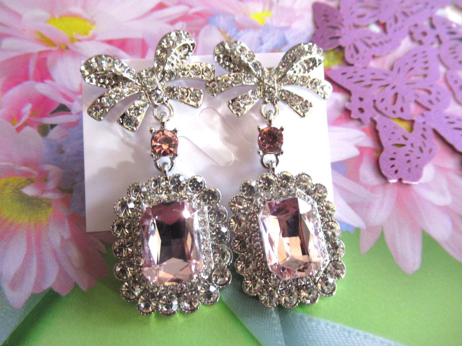 Beautiful JEWEL Pink BOWS Rhinestone Choker Necklace & Earrings SET NEW