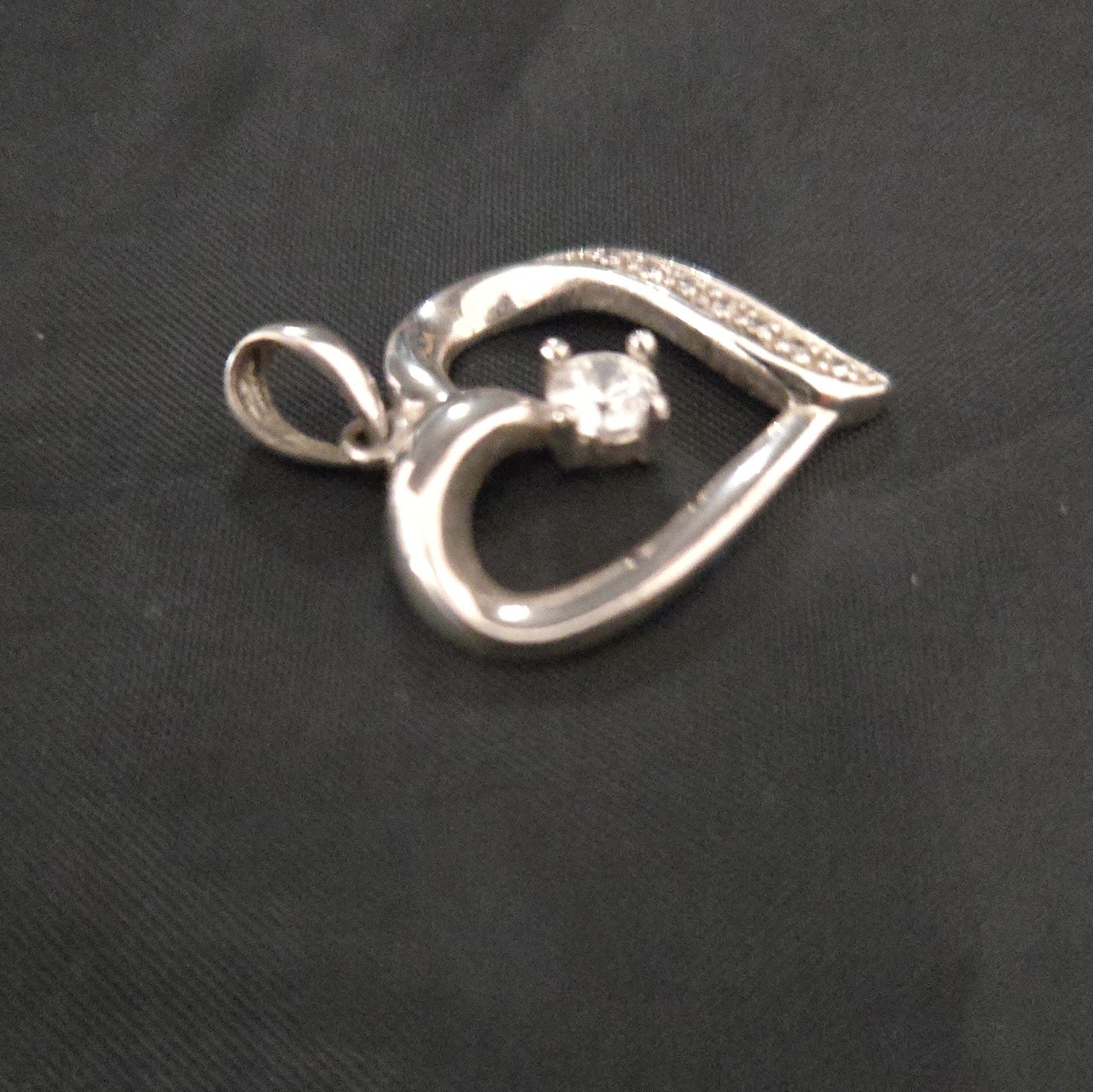 Sterling Silver 925 Heart Charm Pendant White/Colorless Round Stone Signed