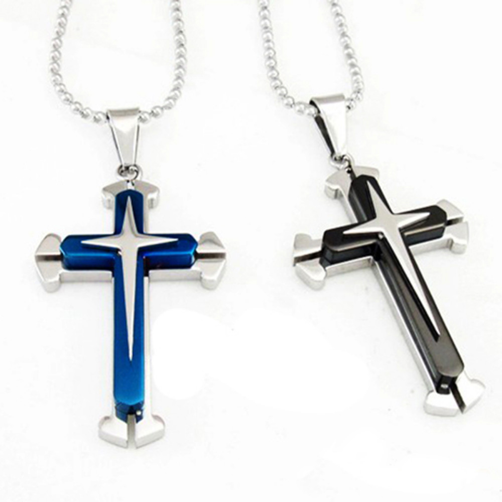 New Unisex’s Men’s Women Silver Blue Stainless Steel Cross Pendant Necklace Gift