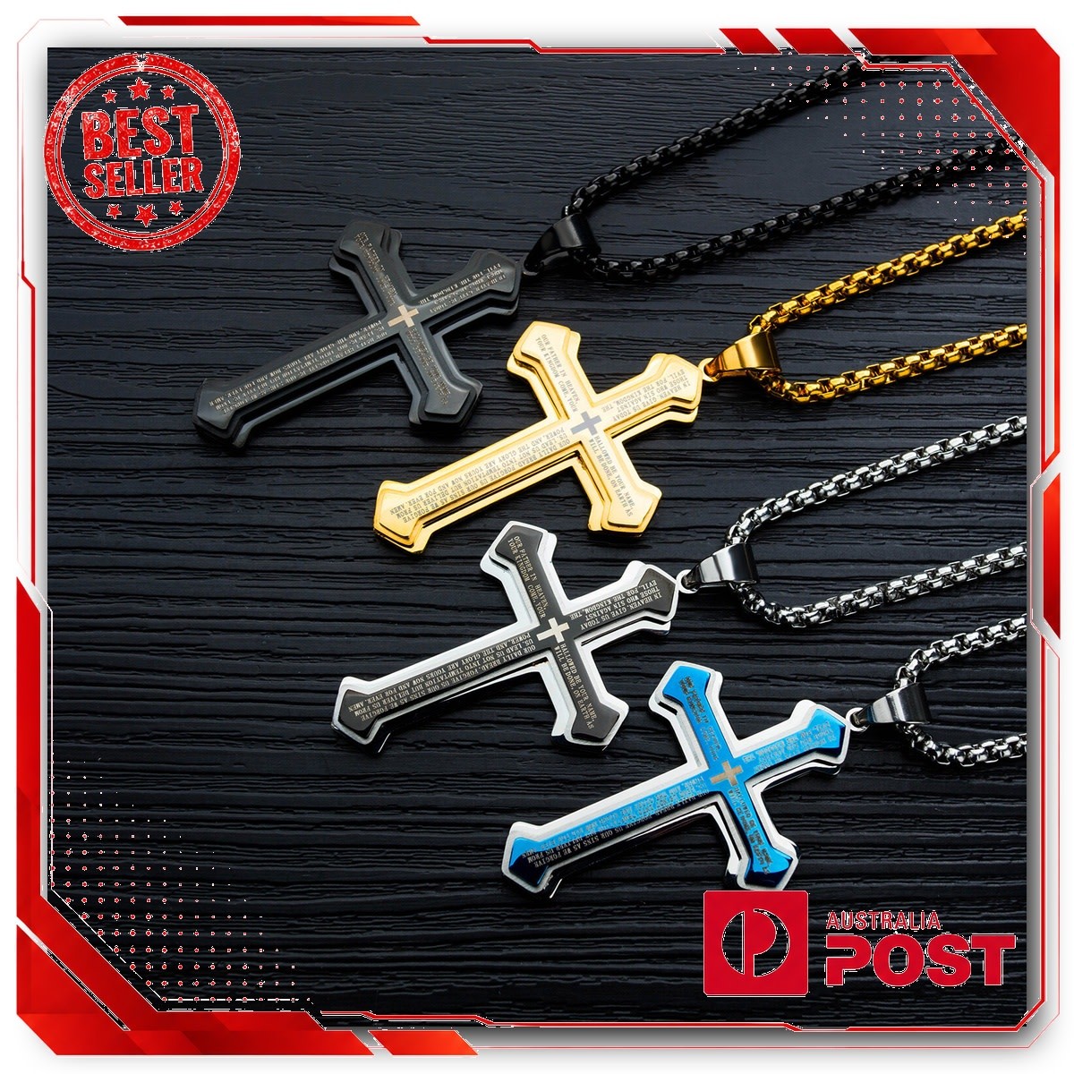 Men’s Stainless Steel Gold Silver Black Cross Bible Pendant Necklace
