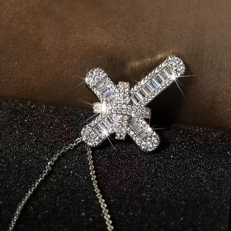 Elegant Baguette Cross Pendant Necklace for Women Silver Sparkling Crystal Gift