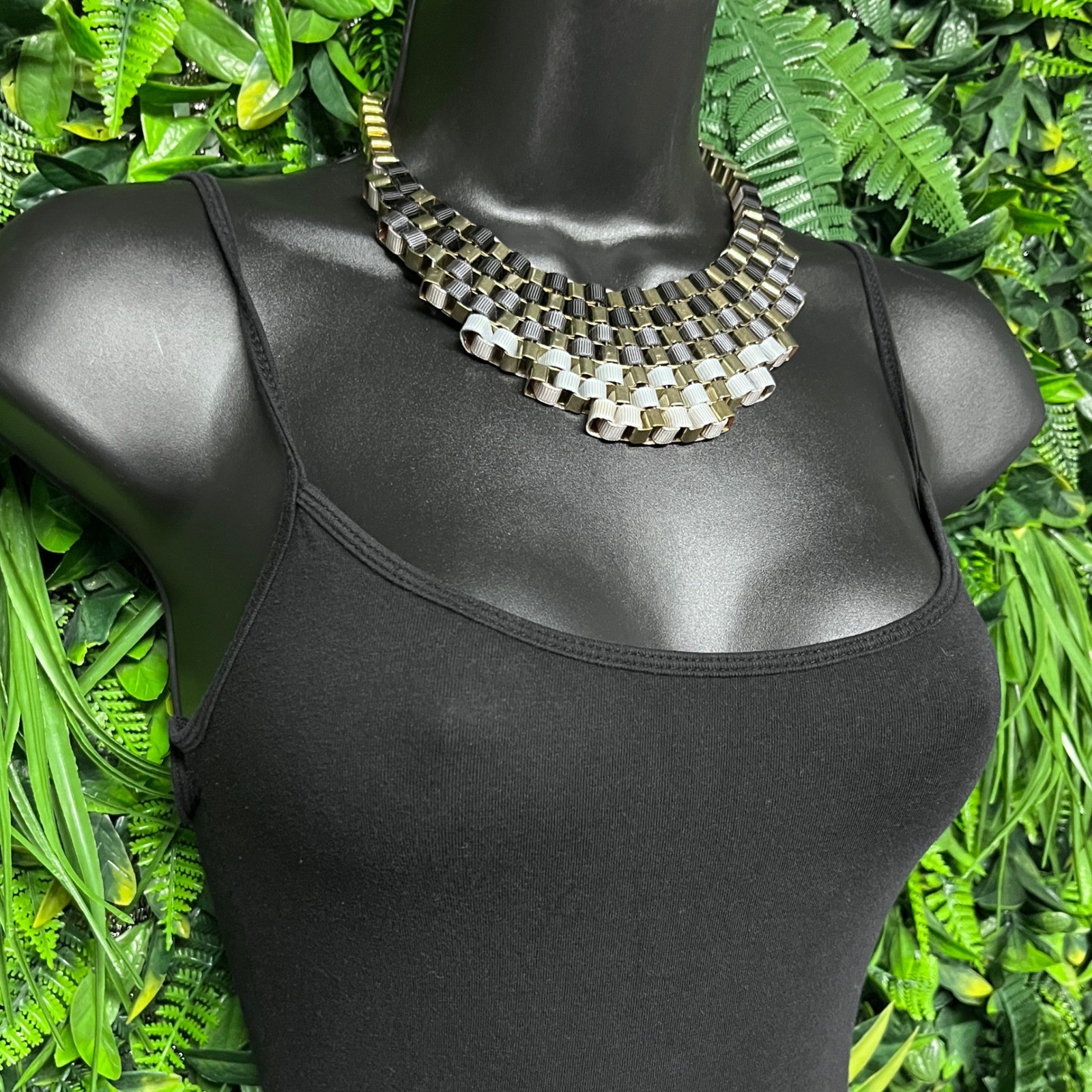 Ribbon Tiered Statement Bib Necklace Black Grey Gold Tone Woven Collar 3801