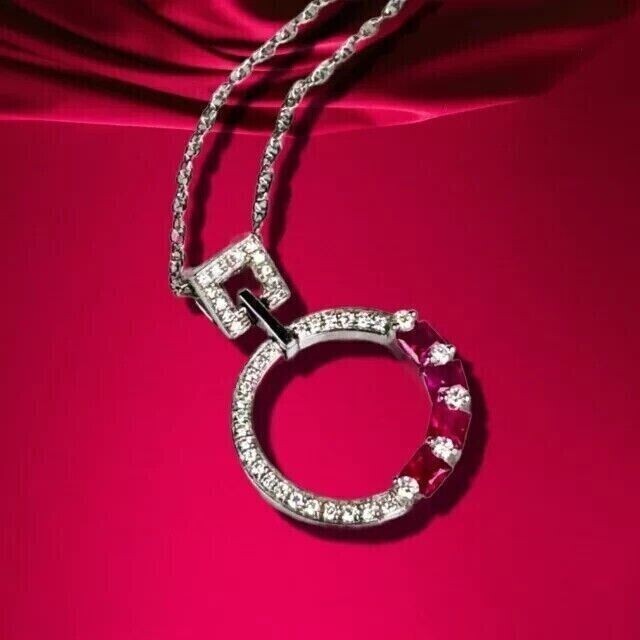 Princess Cut Simulated Pink Ruby Women’s Round Pendant In 14k White Gold Plated