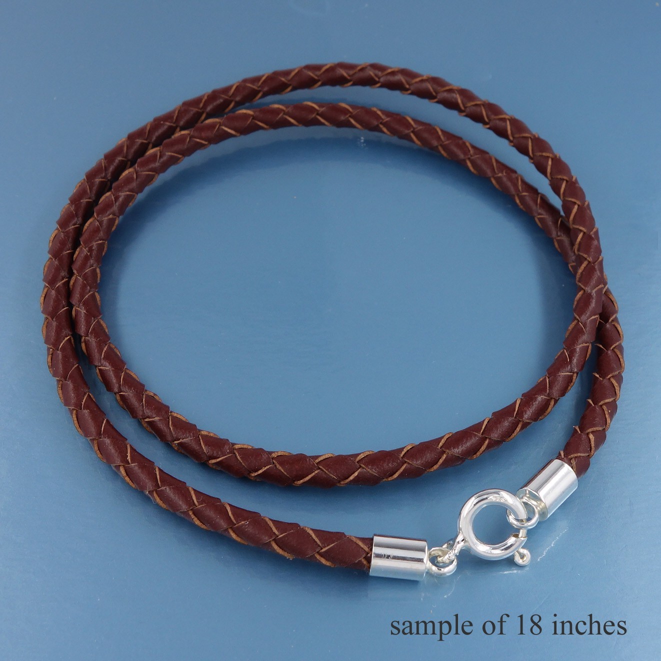 22″ Sterling Silver 4mm Round Braided Brown Genuine Leather Cord Necklace