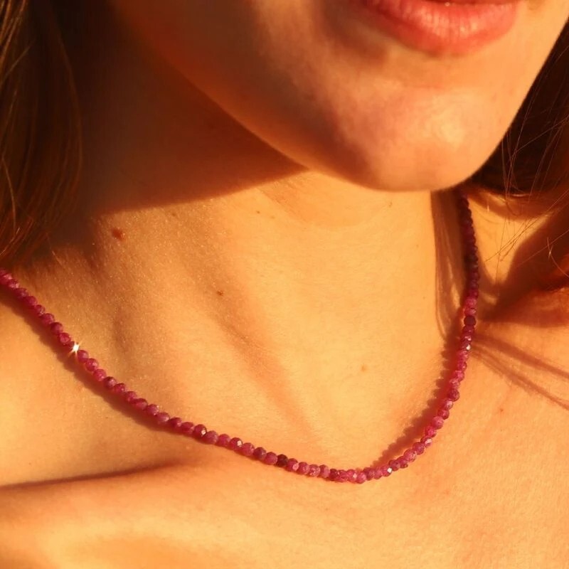 Gemstone Beaded Choker 2mm Ruby Crystal Beads Healing Reiki Women Necklace Gift