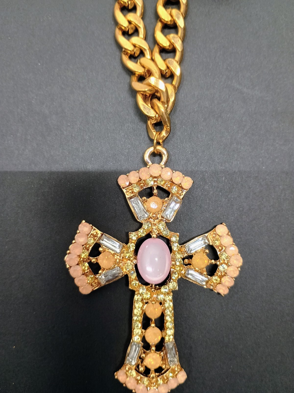 Layered cross gold and pink tone statement necklace costume great condition