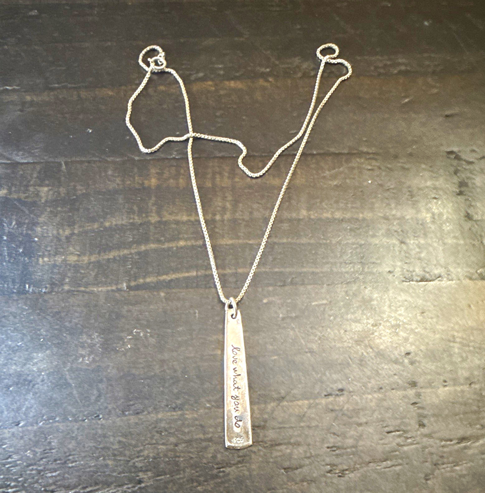925 Sterling Silver Engraved “Love What You Do” Rectangle Bar Pendant Necklace