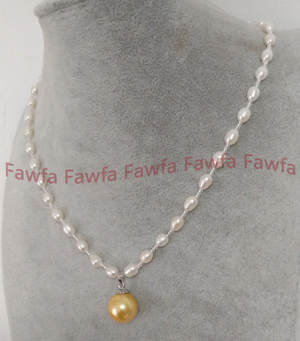 Natural 6-7mm White Freshwater Pearl 14mm Yellow Shell Pearl Pendant Necklace