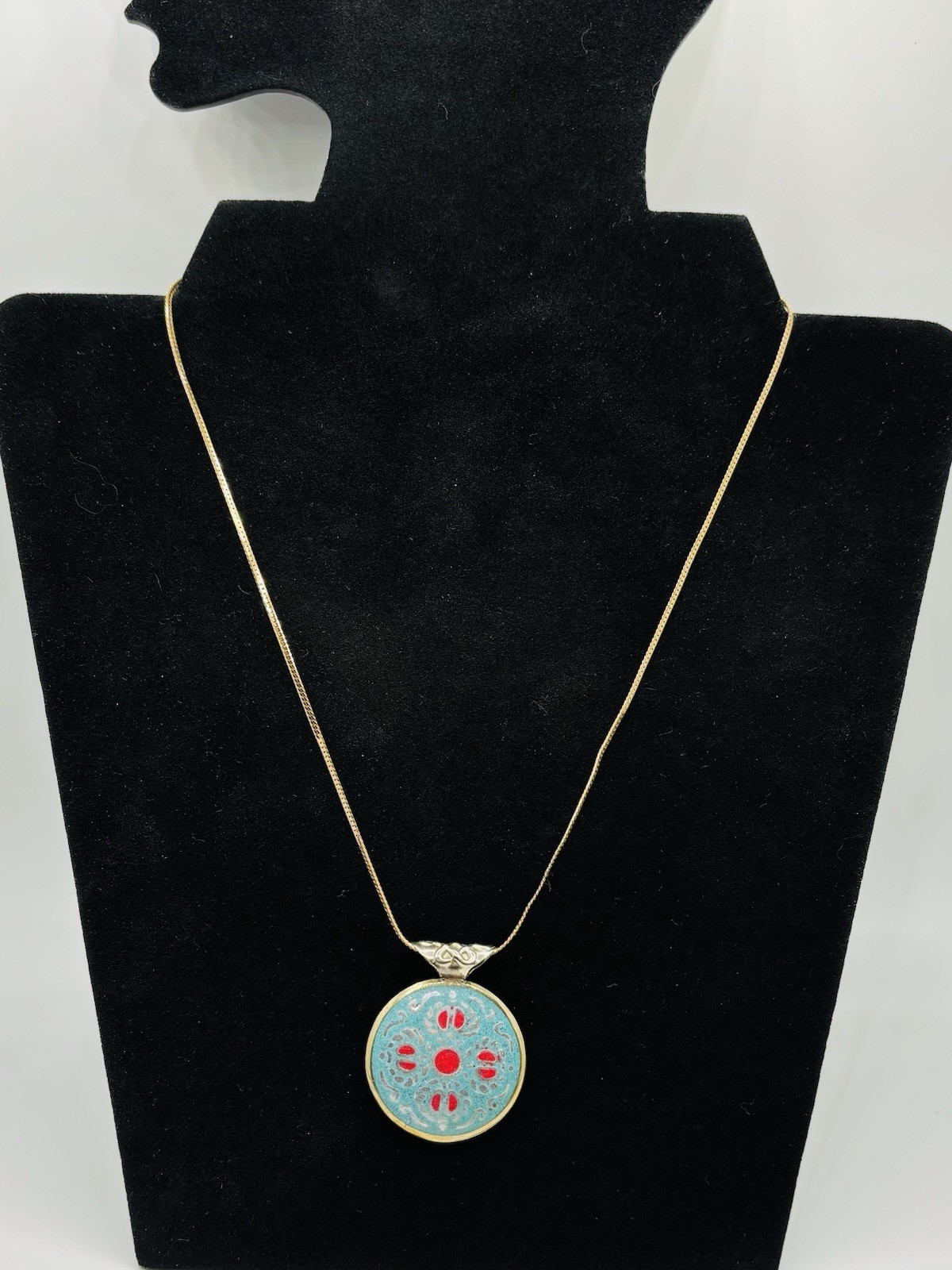 Symbolic Double-Sided Inlay Nepal Amulet Buddha Kathmandu Pendant Necklace