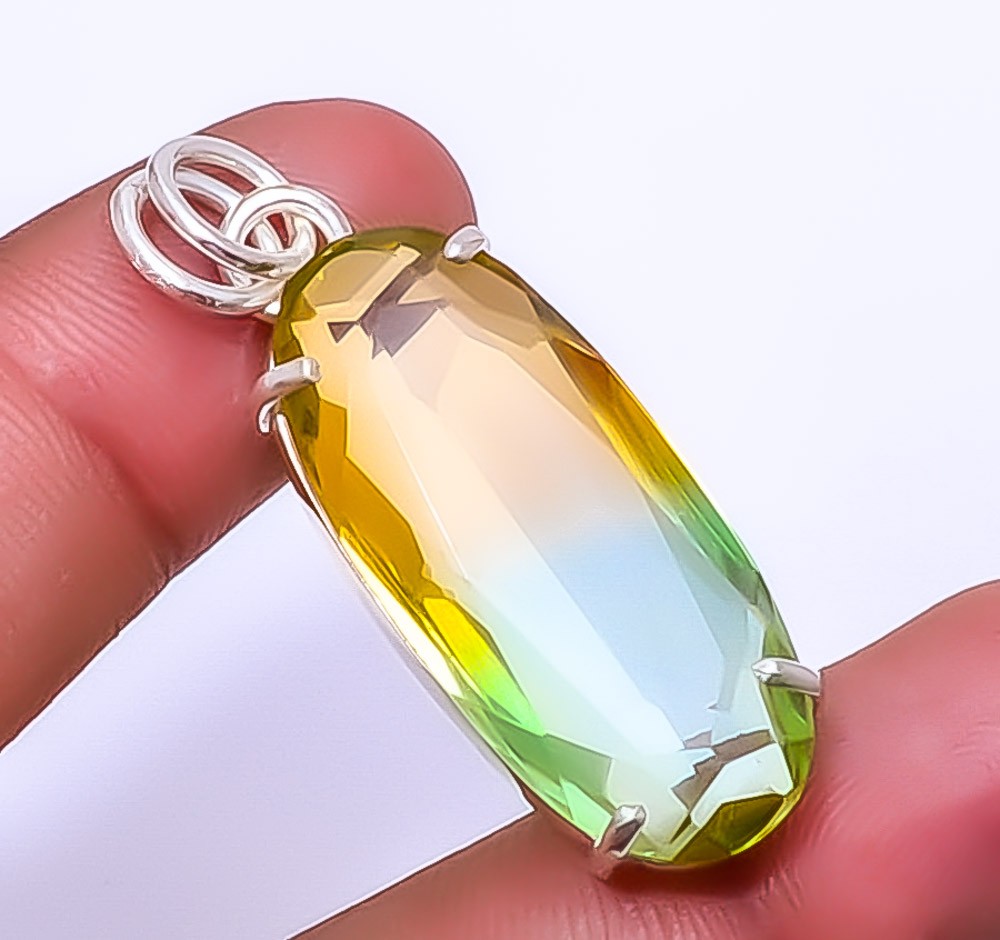 Bi Color Tourmaline Gemstone 925 Sterling Silver Pendant 1.95″ P7372-58