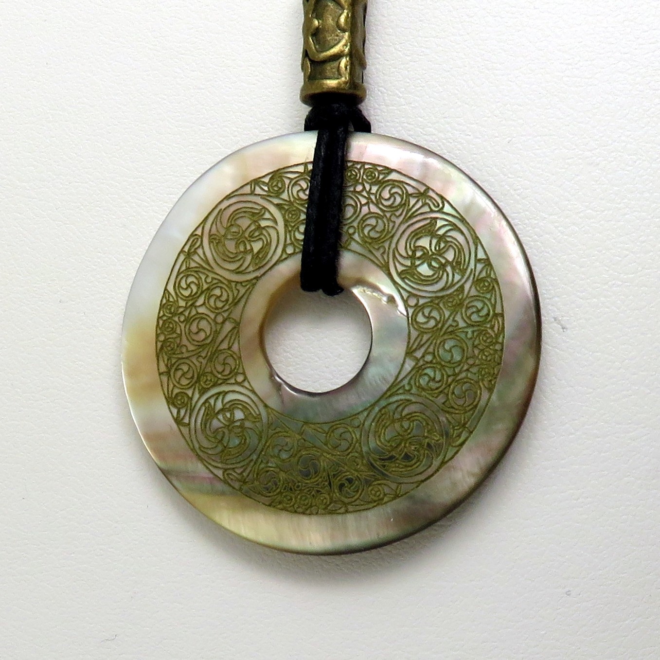 Celtic Knot Engraved Shell Donut Necklace with Waxed Cotton Cord – Adjustable