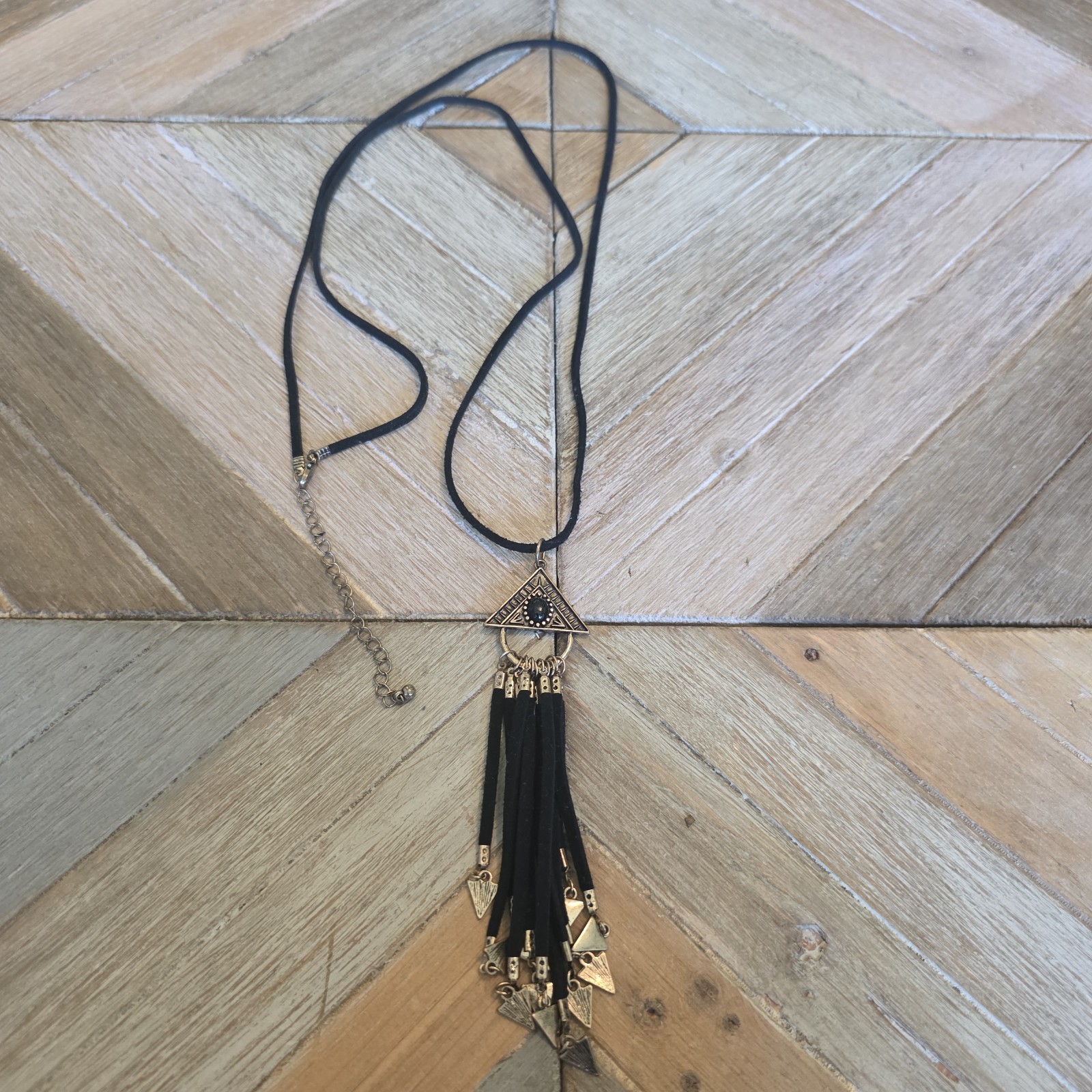 Tassel Fringe Pendant Black Color Faux Leather Long Necklace Gold Details