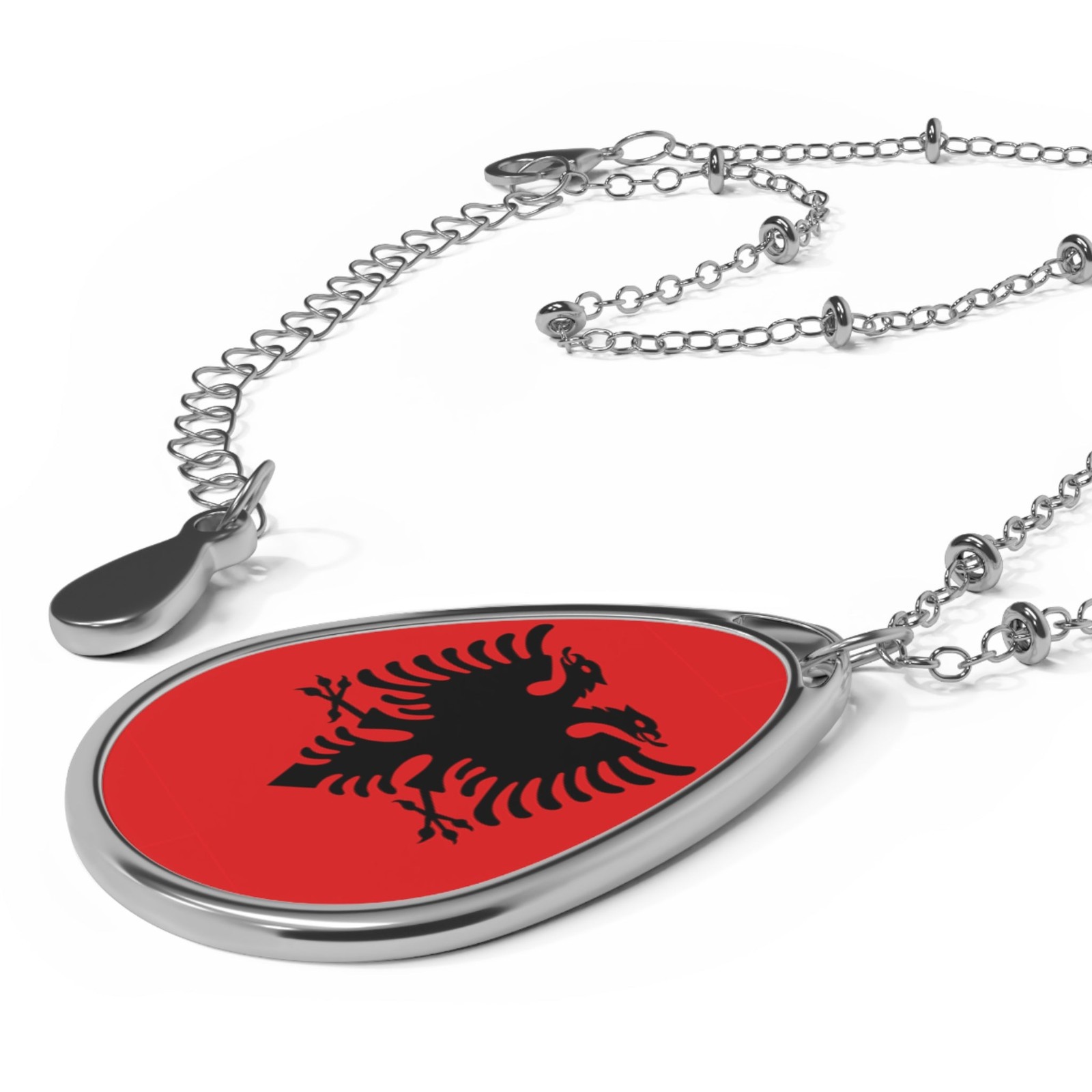 Albania Flag Oval Necklace – Albanian Pride Jewelry – One Size / Silver
