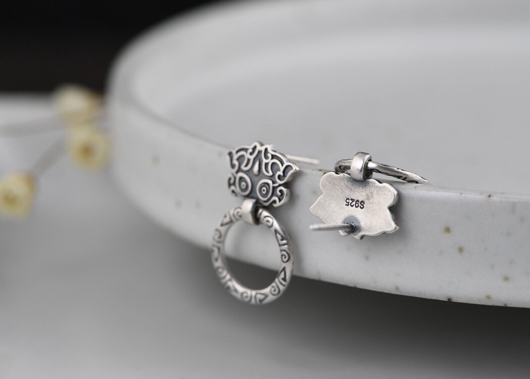 THAI Door Knocker Earrings Ornate Dangle Hoop Vintage Stud S925 Sterling Silver