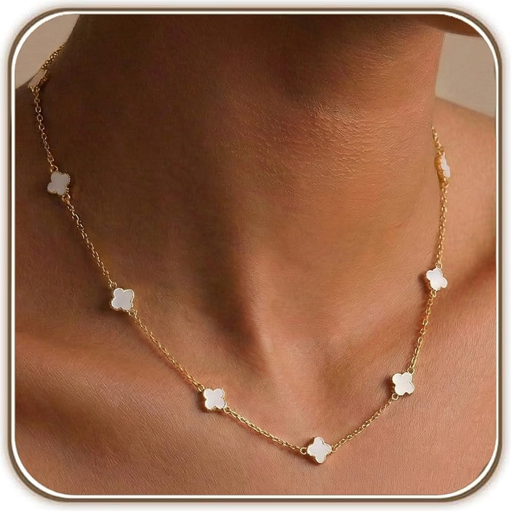 14K Gold Plated Tiny Clovers Necklace for Women, Very Small Dainty Gold Plated 4