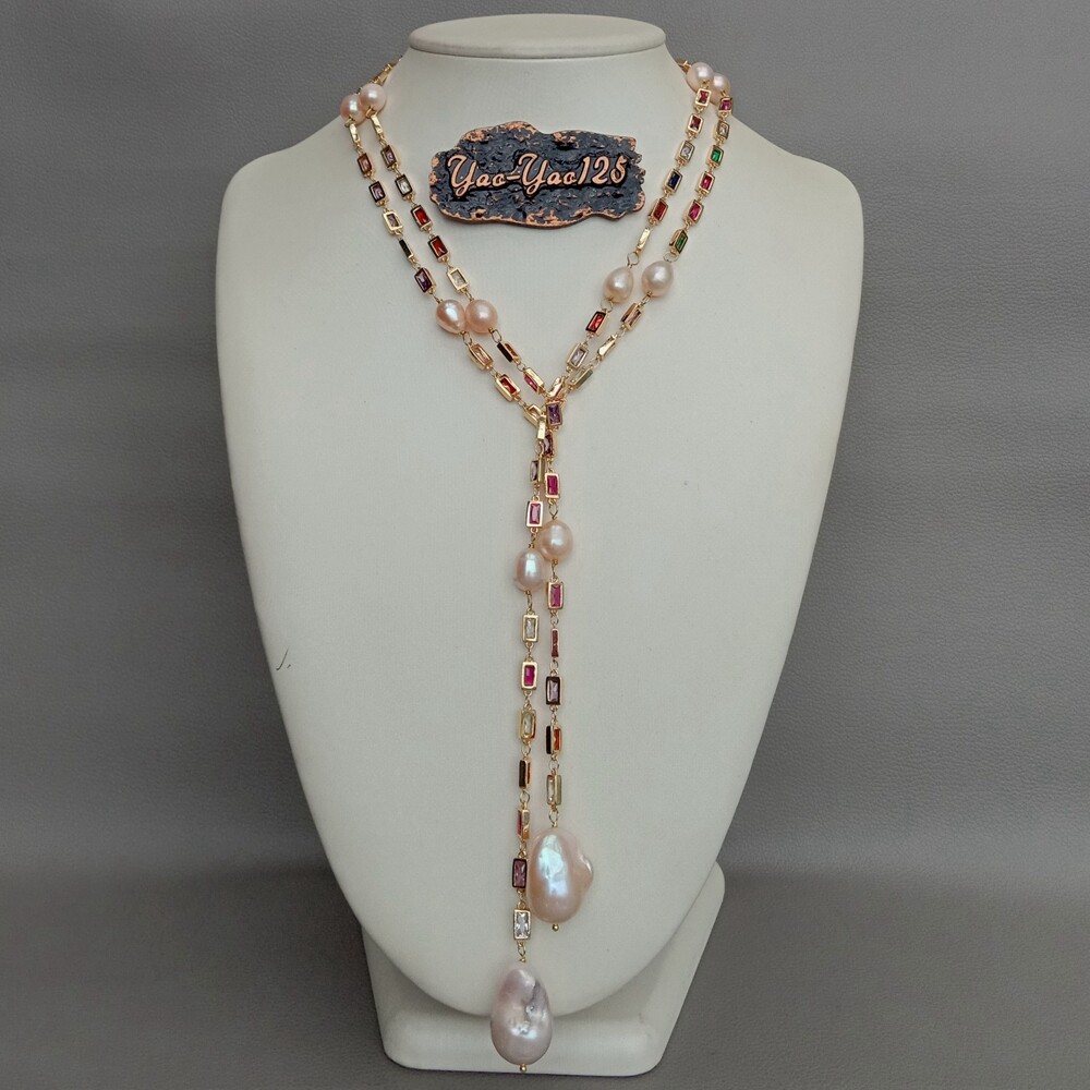 50″ Cultured Pink Keshi Pearl Mixed Color Rectangle Cz Pave Long Chain Necklace