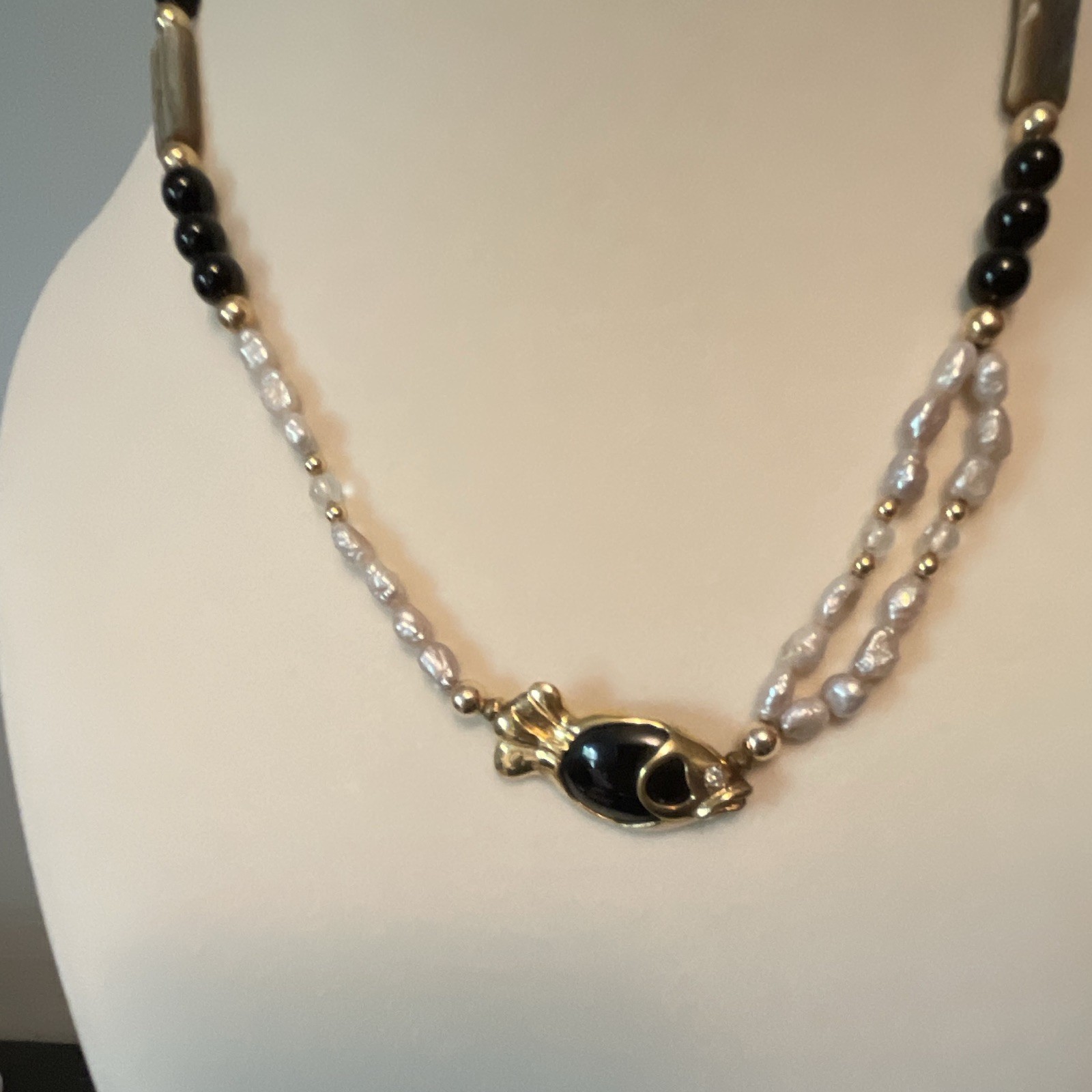18 in Sterling silver black and white onyx/ seed pearls and abalone necklace