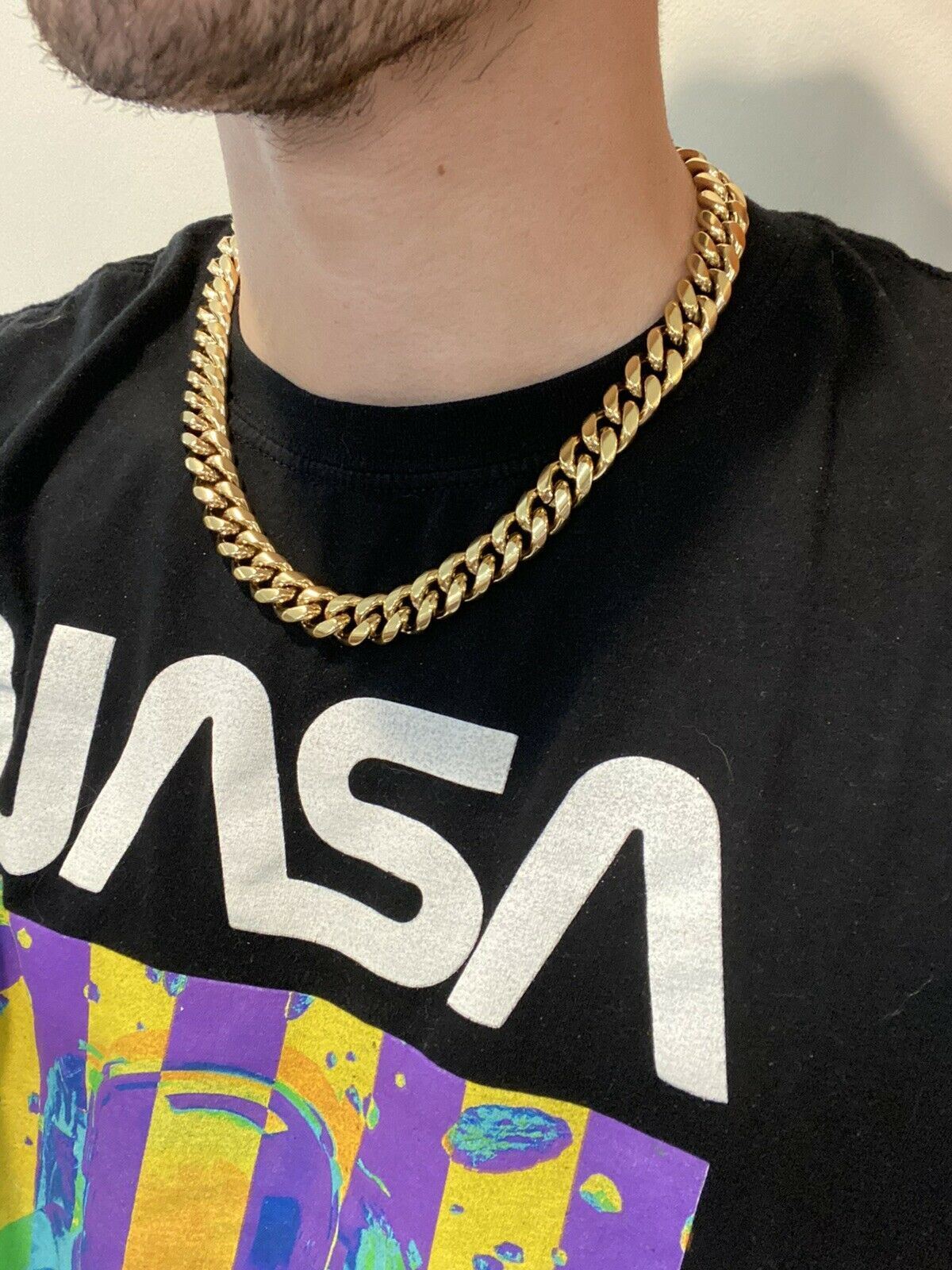 14mm 20″ Mens Real Miami Cuban Link Choker 14k Gold Plated Over Stainless Chain