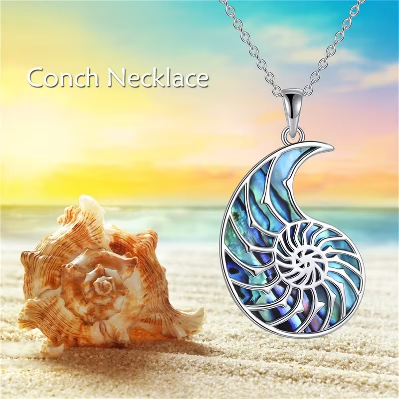 Blue Hollow Out Conch Shell Pendant Necklace- 18 inches