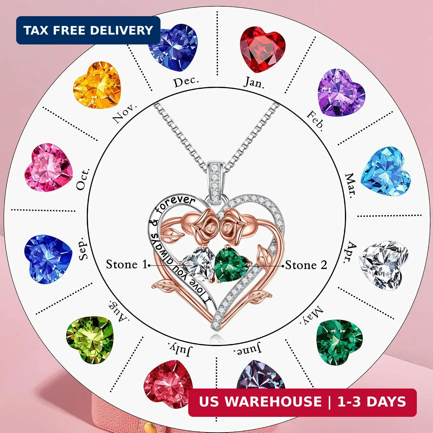 Iefil Rose Heart Double Birthstone Necklace, Gifts for Wife Her Women | 925 Ster