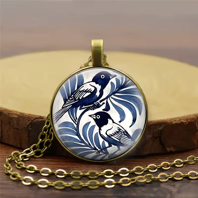 Blue & White Bird Round Pendant Necklace Fashion Jewelry Bronze Toned Gift