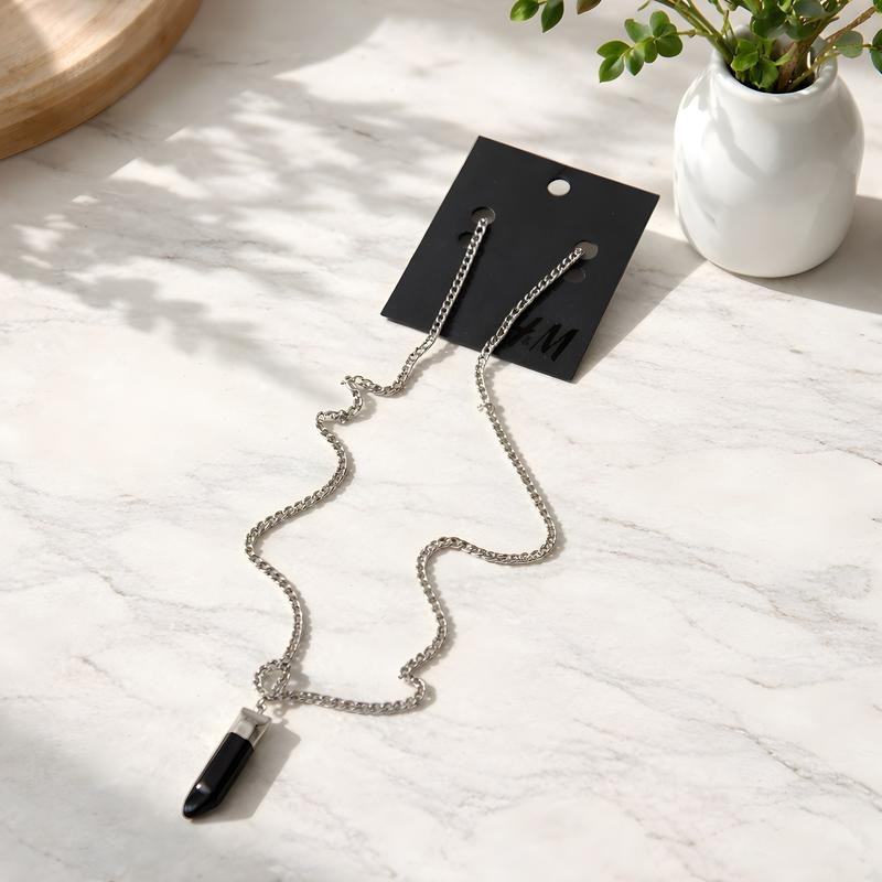 H&m Black Obsidian Crystal Pendant Necklace Size 60cm