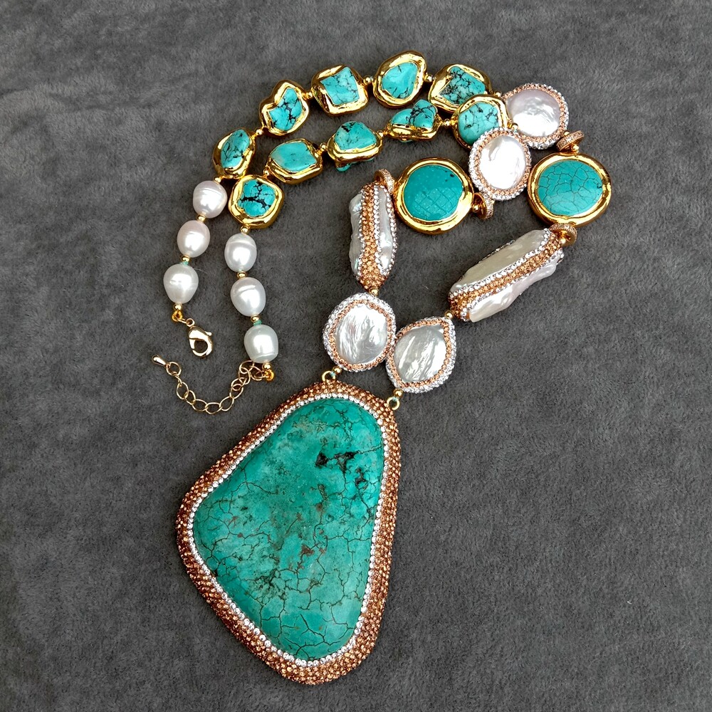 Cultured White Coin Pearl Biwa Pearl Turquoise Necklace Big Turquoise Pendant