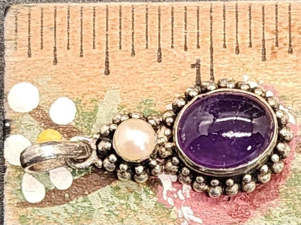 Sterling Silver Oval Bezel Amethyst Cabochon Charm Pendant w/ Pearl Accent