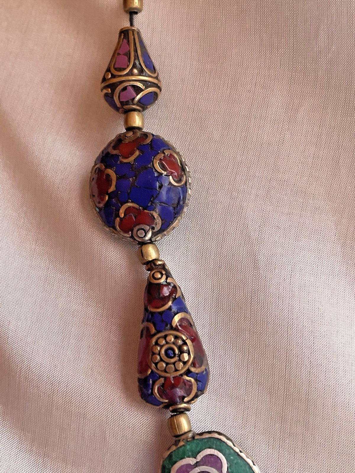 Multicolor Brass Semi Precious stones Inlay Work Nepal Bead Necklace 18” Length