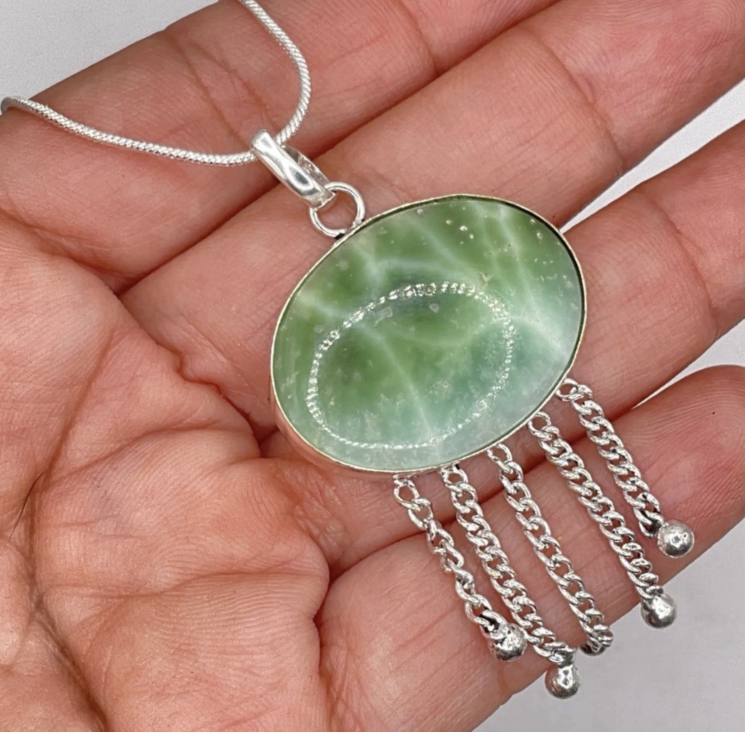 Green Larimar Sterling Silver plated Fringe Pendant Necklace