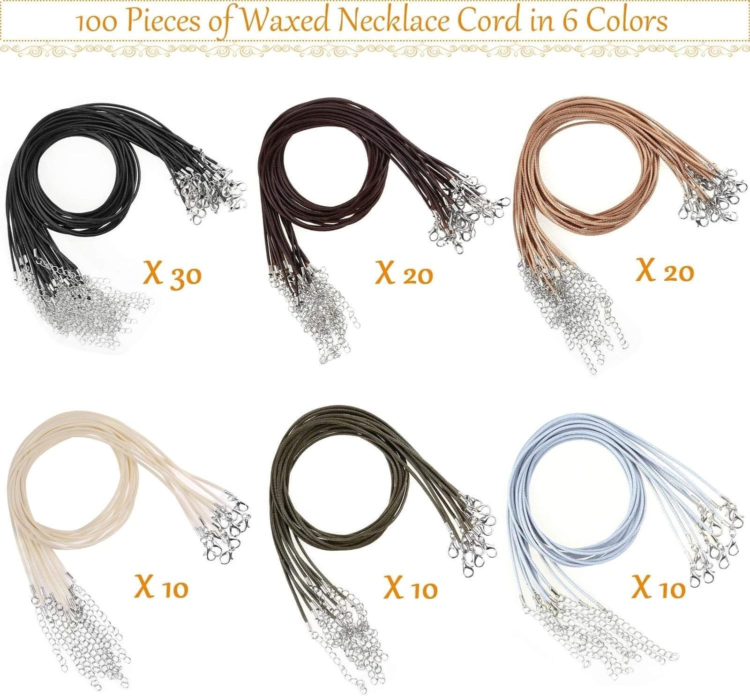 Waxed Cotton Necklace Cord Set – 100 Strings, 18” for Custom Jewelry Creations