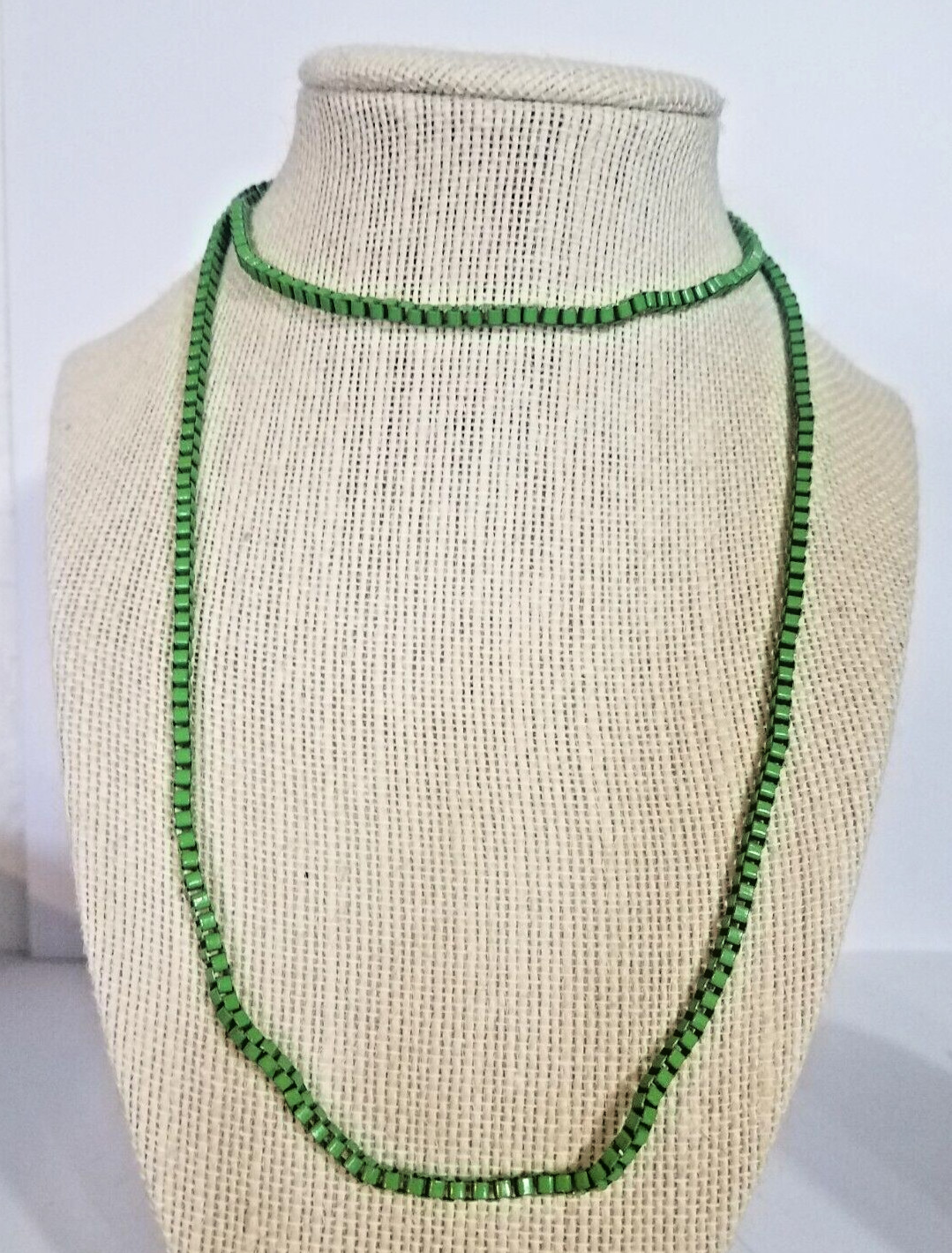 Vintage Venetian Green Stainless Steel Box Chain Necklace Costume Fashion