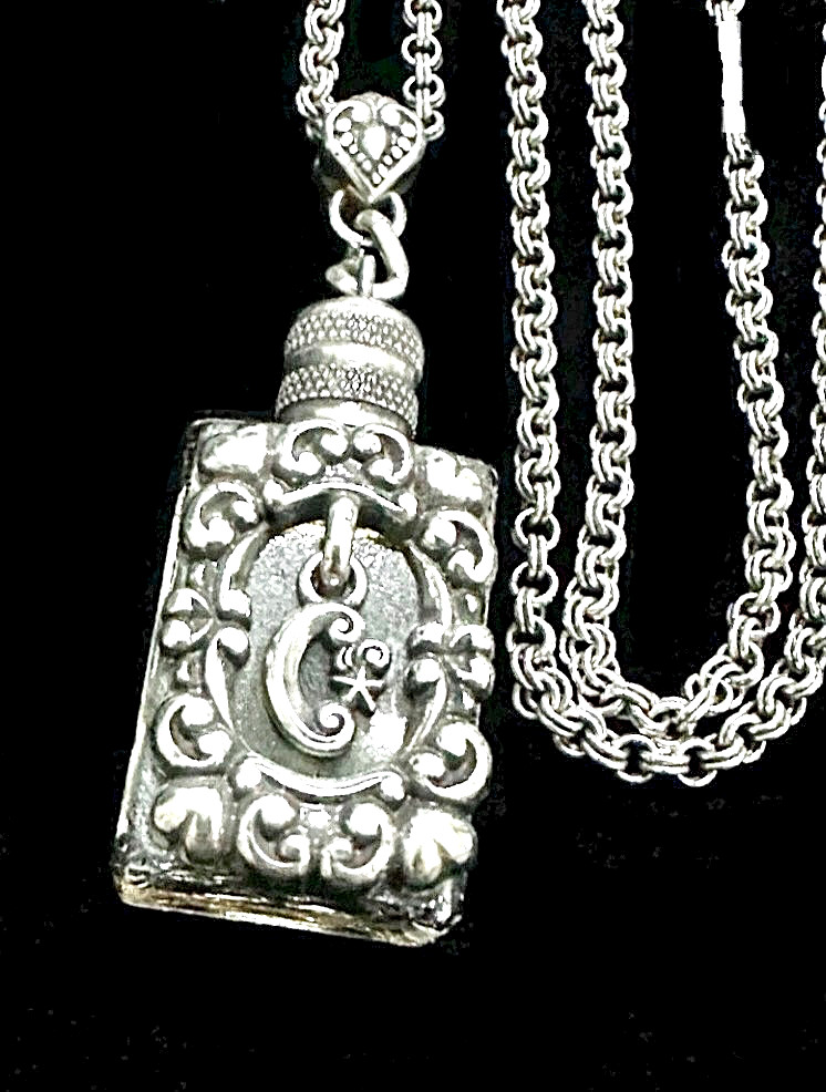 BRIGHTON GLASS PERFUME BOTTLE+SILVER MOON+SCROLLWORK LONG NECKLACE VG✨VTG✨HTF