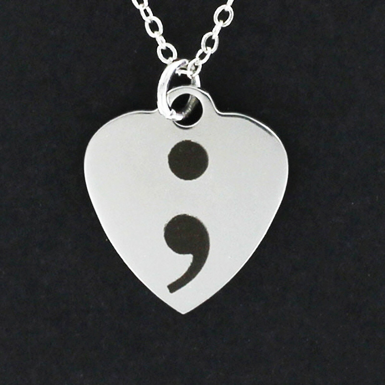 SEMICOLON HEART Necklace – Stainless Steel Engraved Charm on Chain Mental Health