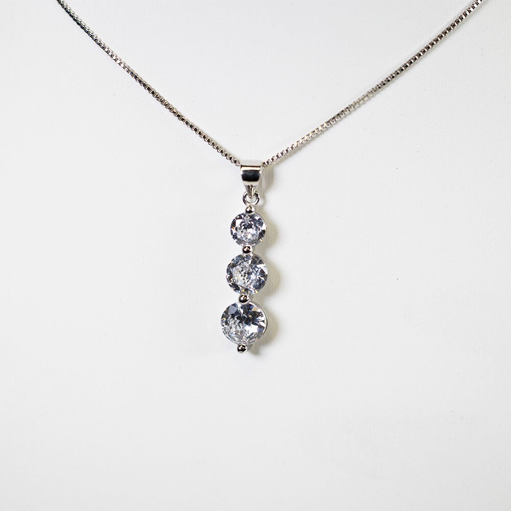 Crystal Pendant Style Three Diamond Drop Necklace White Gold Paved 18″ Necklace